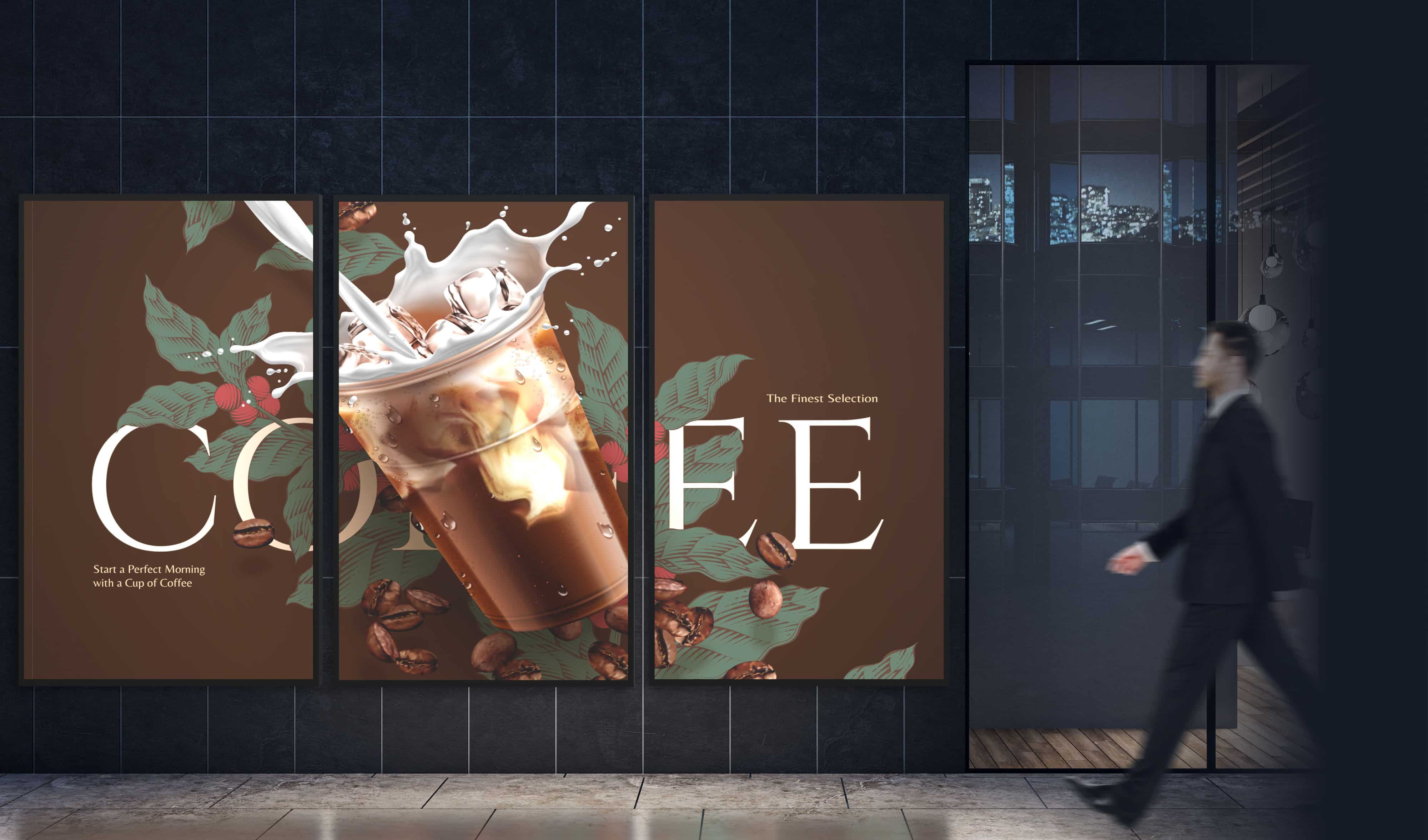 Un uomo d'affari passa davanti a una segnaletica digitale composta da tre display della serie N che mostrano un singolo annuncio pubblicitario per una bevanda al caffè sui tre display.